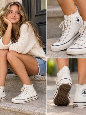 Converse Chuck Taylor All Star White Leather High Top Sneakers Women's Size 7.5